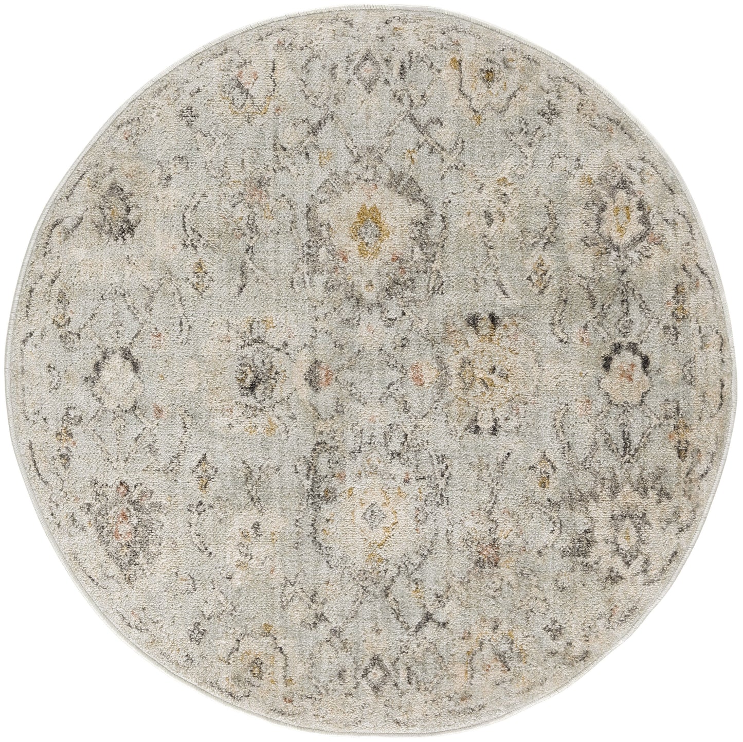 Round beige-gray rug with a faded traditional motif in ivory, taupe and pale gold.