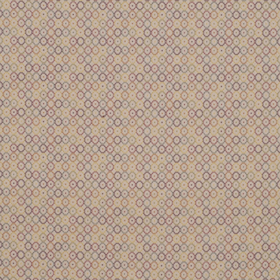 Pastel beige linen upholstery fabric with a repeating lavender and pale yellow circular lattice pattern.