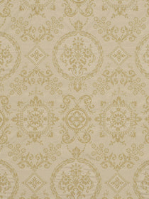 Beige damask pattern with cream-gold ornate medallions in a repeating vintage motif.