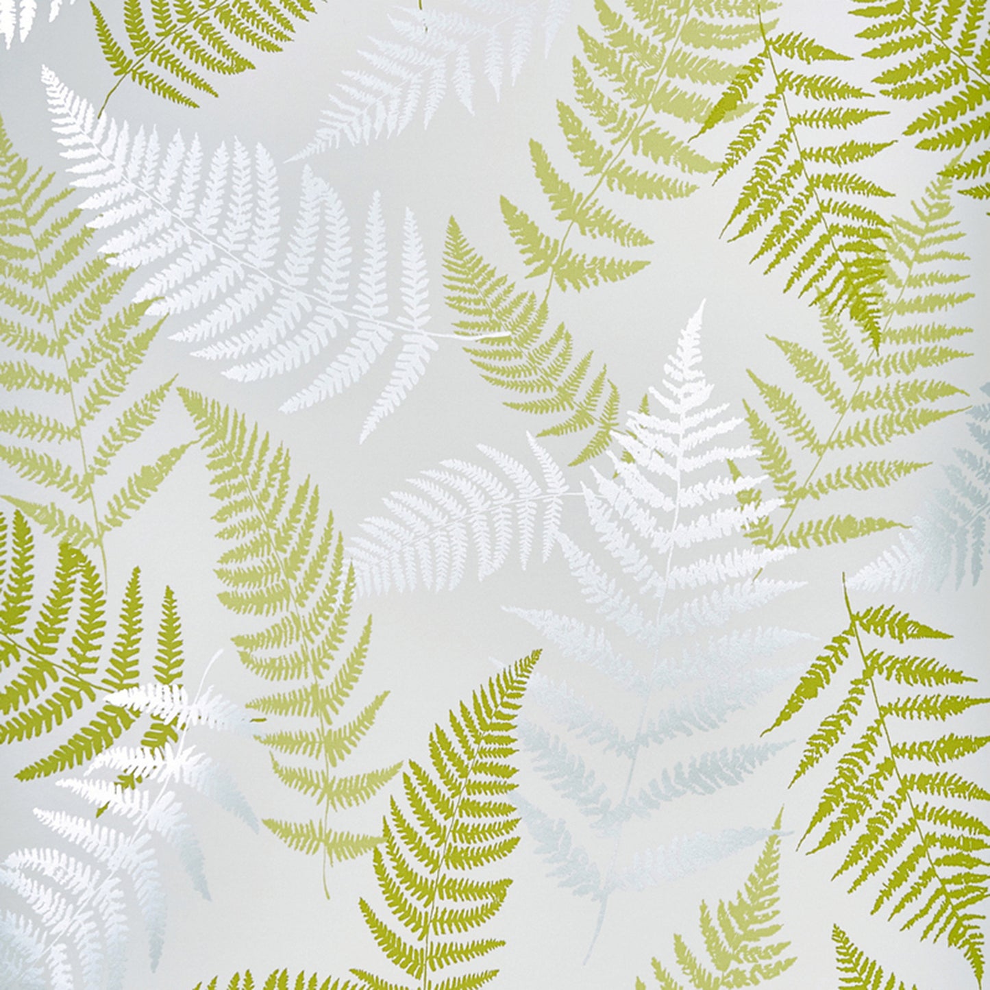 Fern leaf pattern with white and olive green fronds on a pale gray background; non-woven wallpaper.