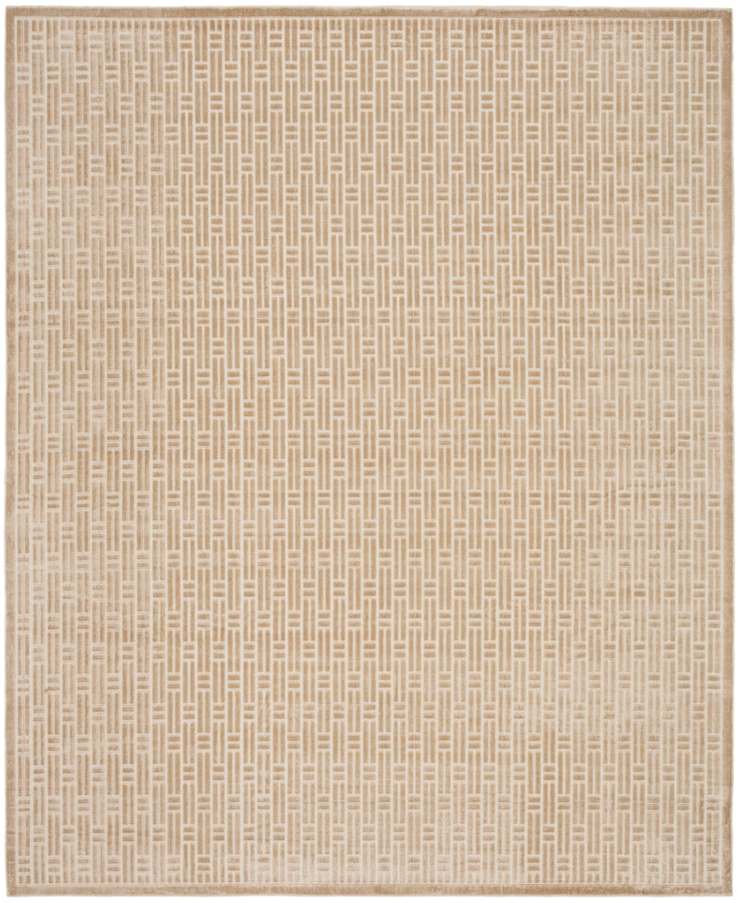 Beige woven area rug with a subtle geometric lattice pattern and light border, neutral home decor