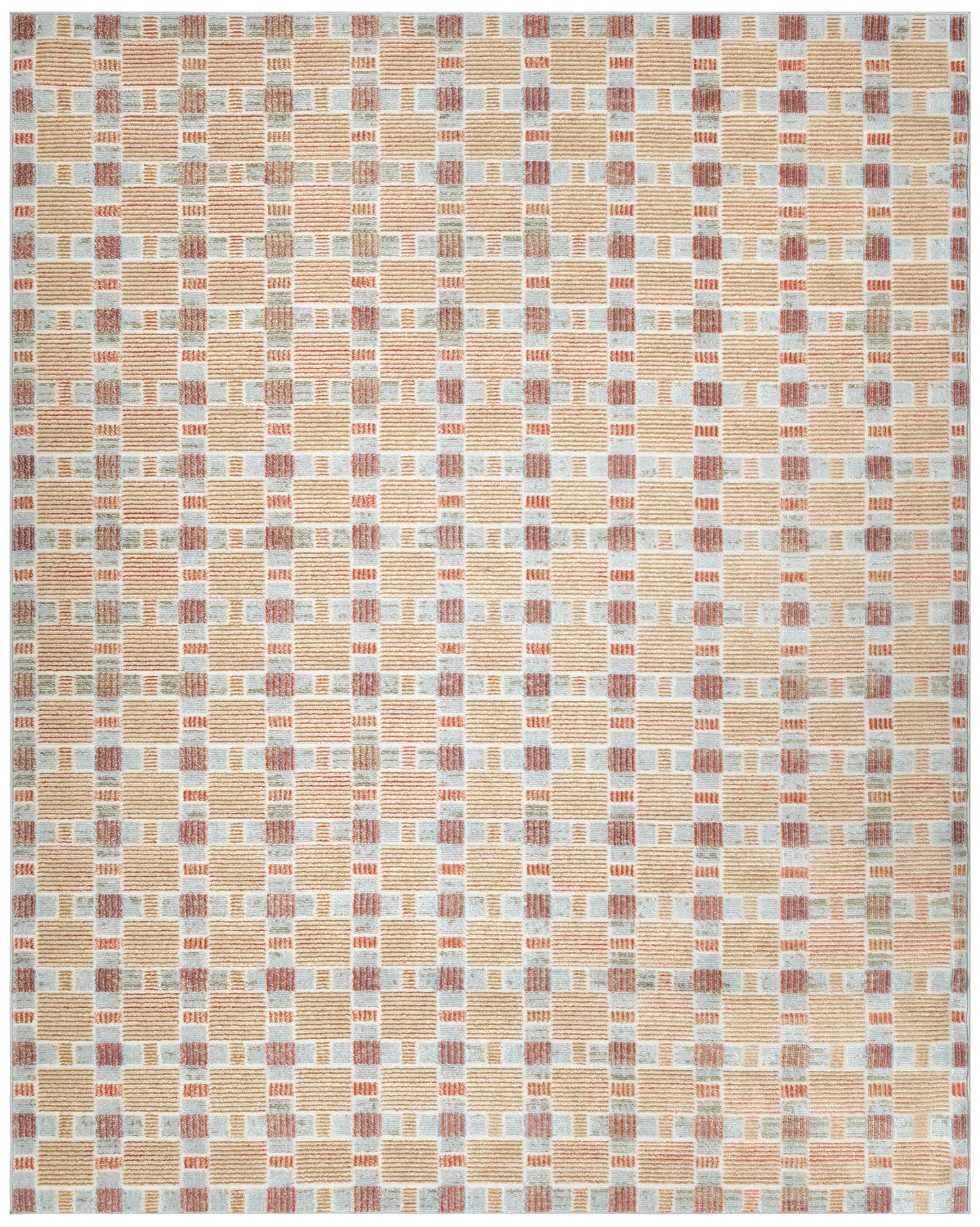 Rectangular woven rug with a peach and light-blue checkered grid of striped blocks in a repeating pattern.