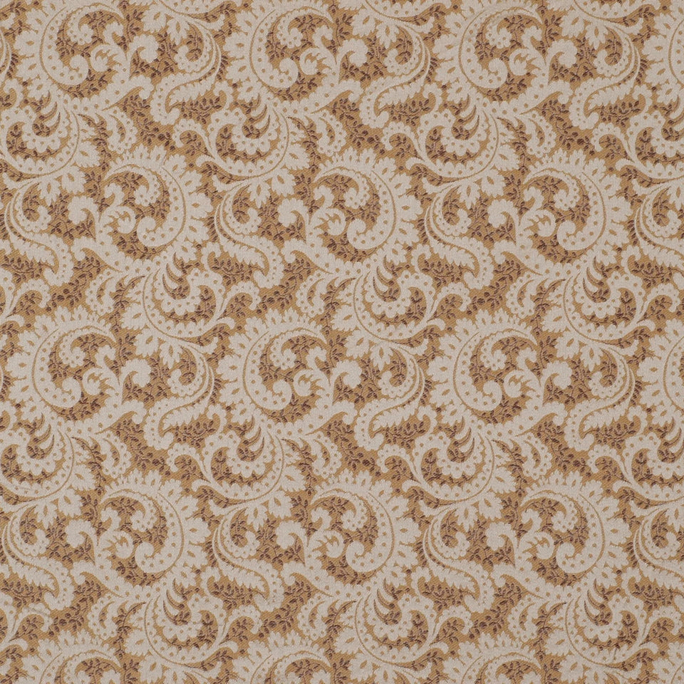 Cream and beige paisley damask fabric pattern with ornate scrolling florals; ideal for upholstery.