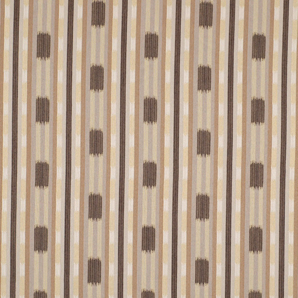 Vertical striped fabric in beige, tan and brown with brown rounded dots along the stripes.