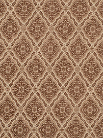 Brown damask pattern on beige fabric with ornate floral medallions; classic upholstery fabric.