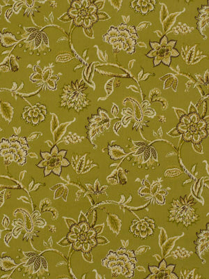 Olive green damask-patterned drapery fabric with cream floral pattern featuring vines and blossoms; vintage botanical style.
