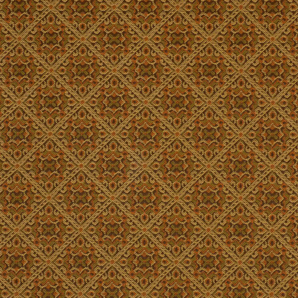 Brown and gold damask fabric with diamond lattice pattern and floral motifs; elegant upholstery textile.