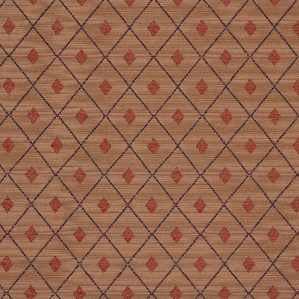 Persimmon upholstery fabric with a Diamond Net geometric pattern: orange field with a diamond lattice and small rust-orange diamonds.