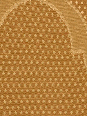 Mustard gold woven textile with tiny white dots in a dotted grid and a curved edge border, upholstery fabric.