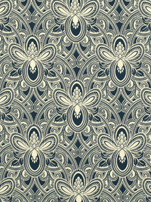 Indigo damask drapery fabric with ivory repeating scroll motifs.