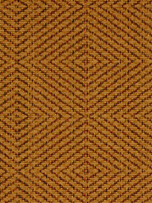Warm amber orange woven upholstery fabric with a dark brown diamond-shaped chevron geometric pattern.