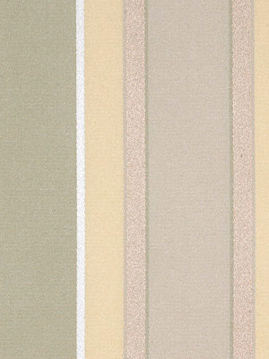Vertical striped fabric in olive, cream, beige and taupe with a subtle woven texture; suitable for upholstery or drapery.