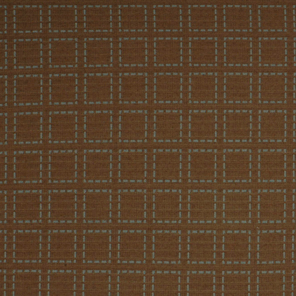 Brown fabric with a light blue dotted square grid pattern; geometric upholstery fabric.