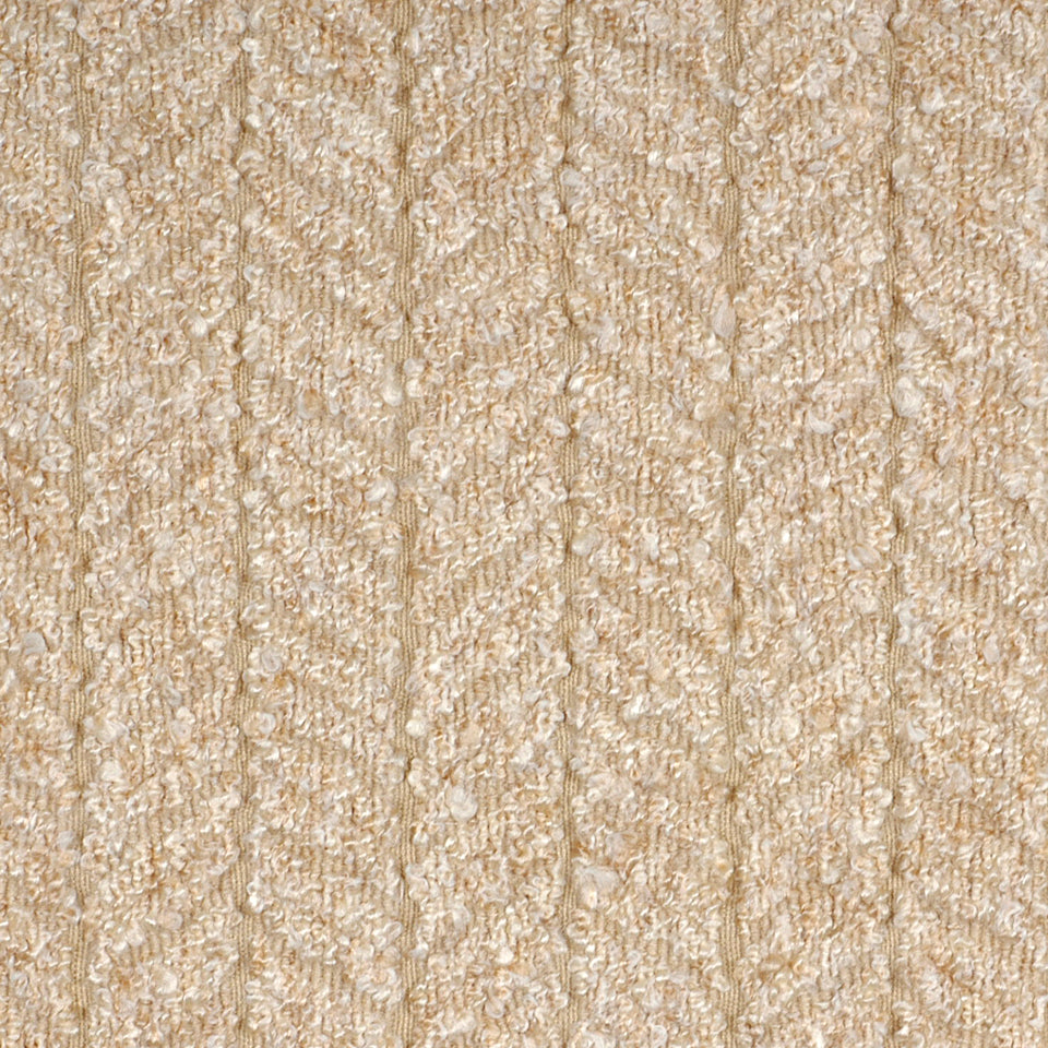 Beige textured boucle upholstery fabric close-up with vertical ribbed pattern and soft plush pile.