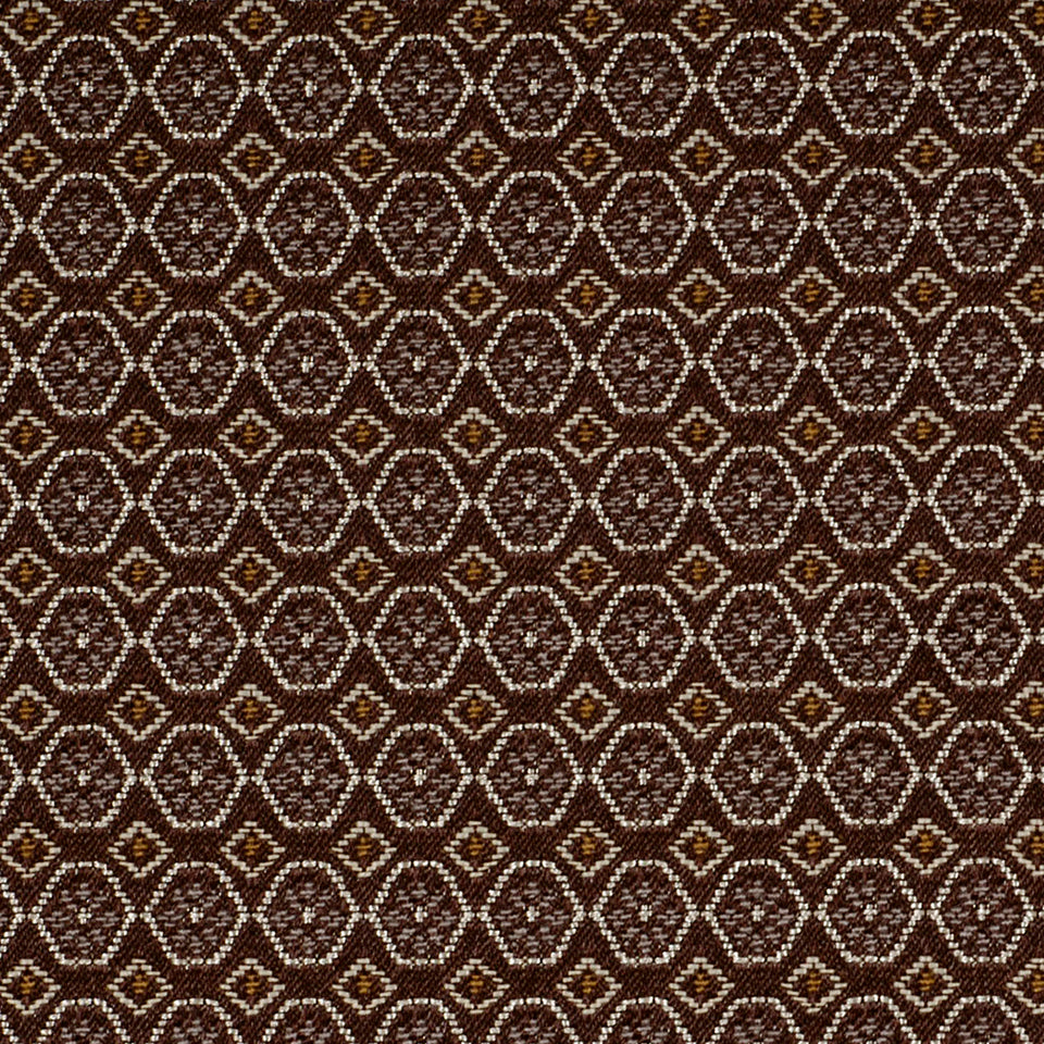 Brown woven upholstery fabric with a repeating white circular lattice and small tan diamonds; geometric pattern.