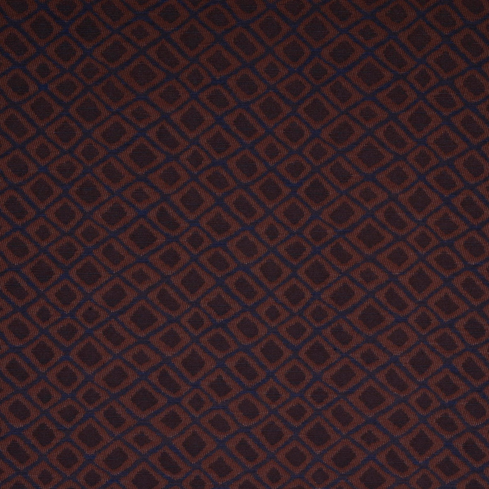 Brown & navy geometric diamond lattice upholstery fabric with subtle texture.