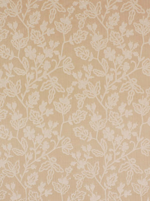 Beige drapery with white botanical vine pattern, damask-inspired florals.
