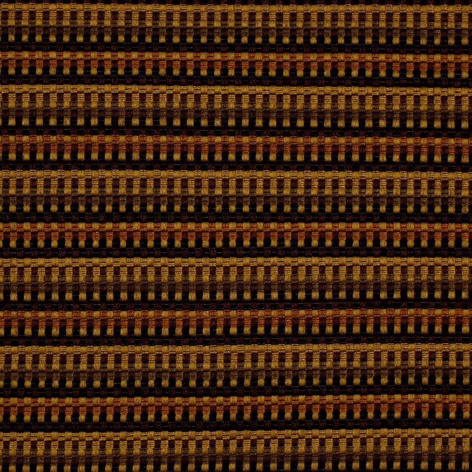 Close-up of a woven fabric with gold and dark brown checkered horizontal stripes, metallic threads for a textured pattern.