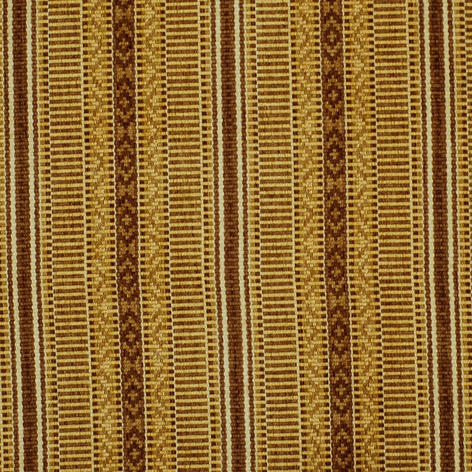 Woven upholstery fabric with scroll texture in gold, beige and brown.