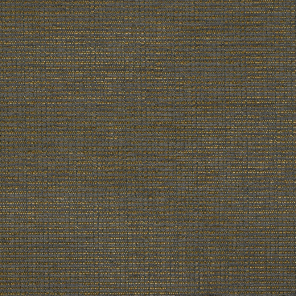 Dark gray woven fabric with thin gold thread stripes and a subtle microstripe pattern, upholstery fabric.