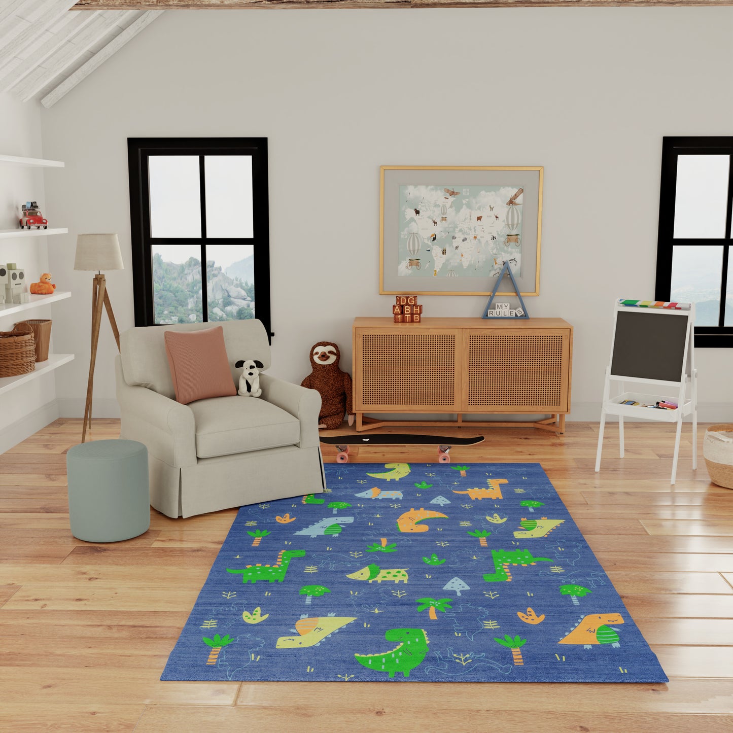 Blue children's dinosaur-themed area rug with green and orange dinos and palm trees in a cozy playroom.