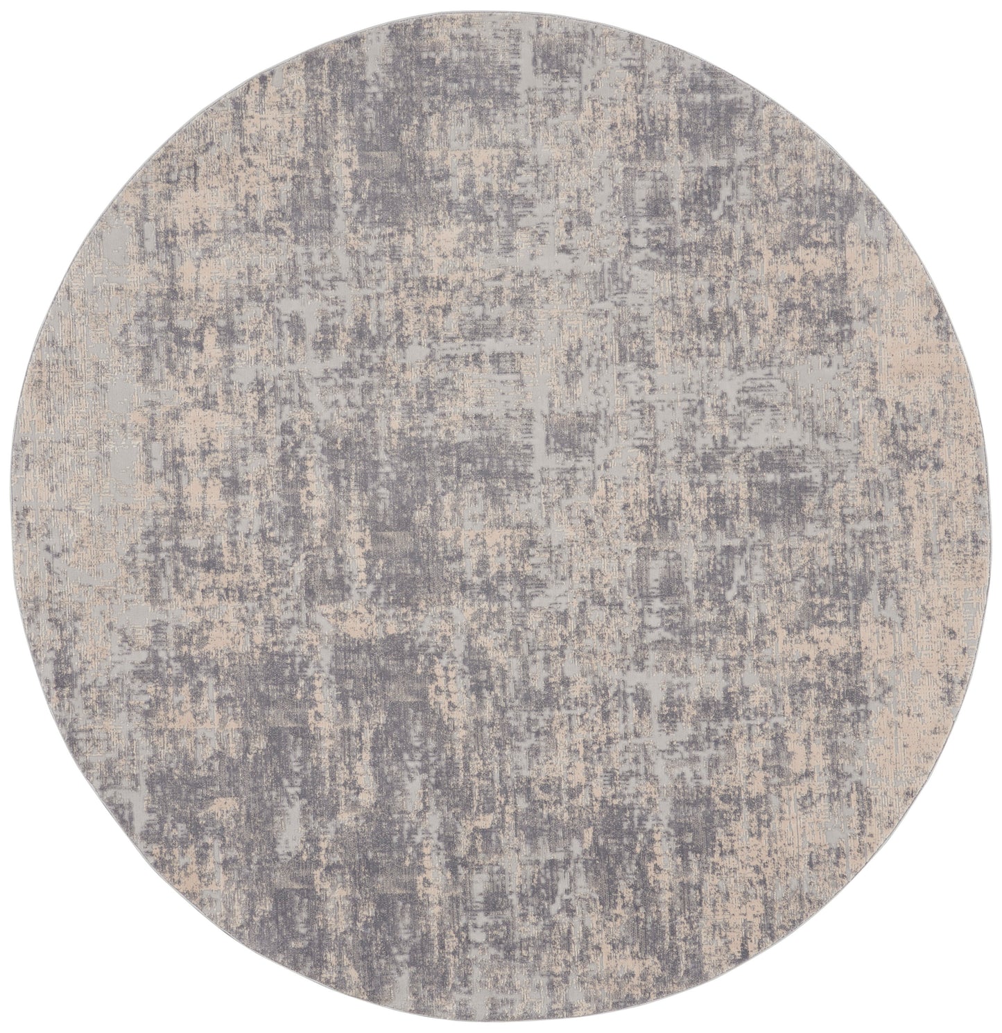 Round rug in gray-beige with a distressed, abstract pattern and soft textured surface for modern living spaces.