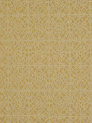Mustard-yellow upholstery fabric with a repeating geometric floral lattice motif.