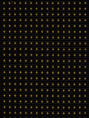 Black upholstery fabric with repeating gold teardrop/leaf motifs in horizontal rows, small and evenly spaced, glossy decorative textile.