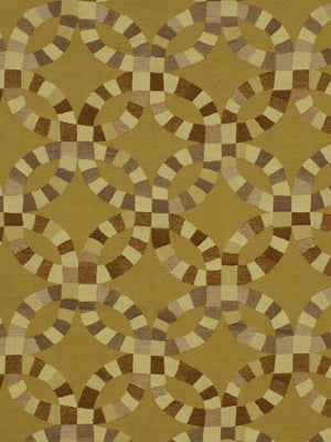 Mustard yellow textile with interlocking circular rings in brown and beige squares; retro geometric pattern.