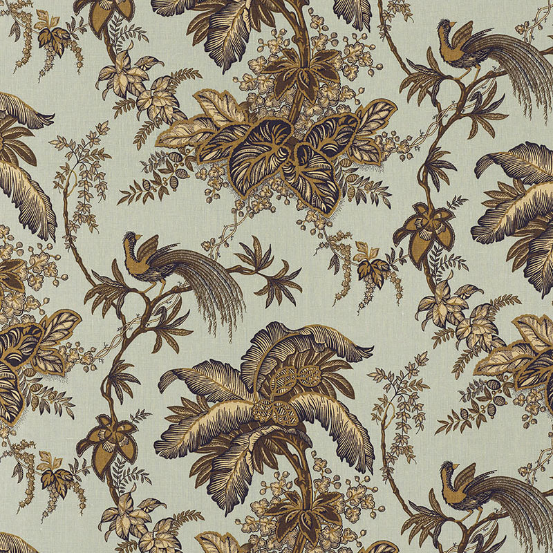 Beige botanical fabric with brown-gold palm leaves, vines and flowers in a classic printed pattern.
