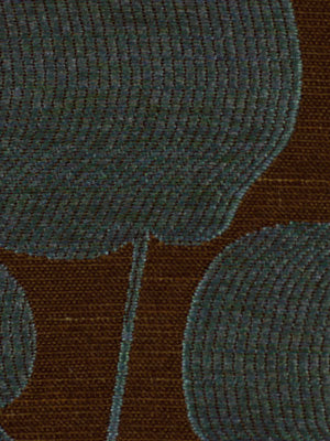 Teal circular rug motifs with concentric rings on brown textured background.