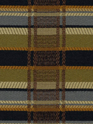 Woven plaid wool fabric in olive, mustard, brown, navy and black with a checkered pattern; scarf/blanket style.