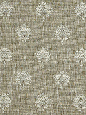 Beige woven linen-like fabric with repeated white damask floral medallions.
