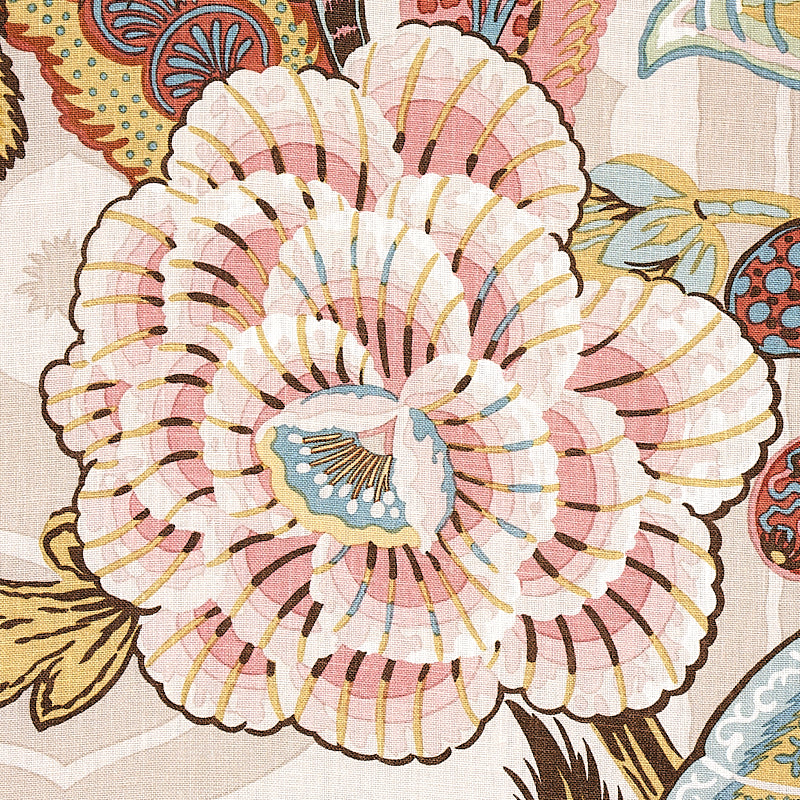 Large pink and cream floral linen print on beige fabric.