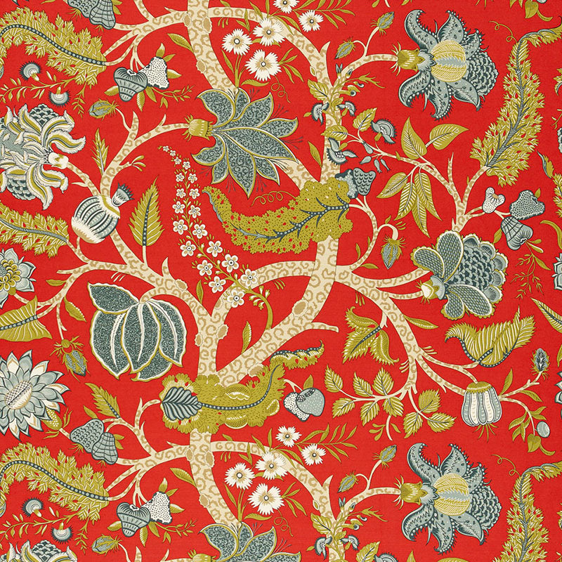 Red fabric with ornate botanical motif: ivory scrolling branches, blue-green flowers and gold leaves.