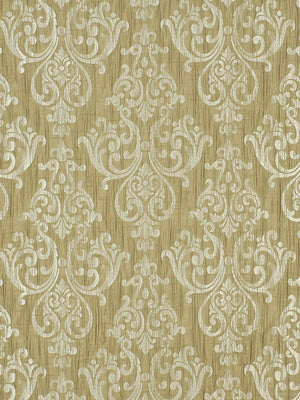 Beige-gold damask fabric for wheat drapery, featuring an ivory scrolling floral motif.