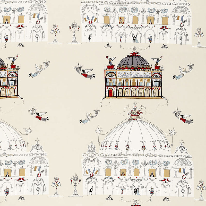 Whimsical wallpaper pattern with domed pavilions, arches, and tiny figures in red, blue, gray on beige background.