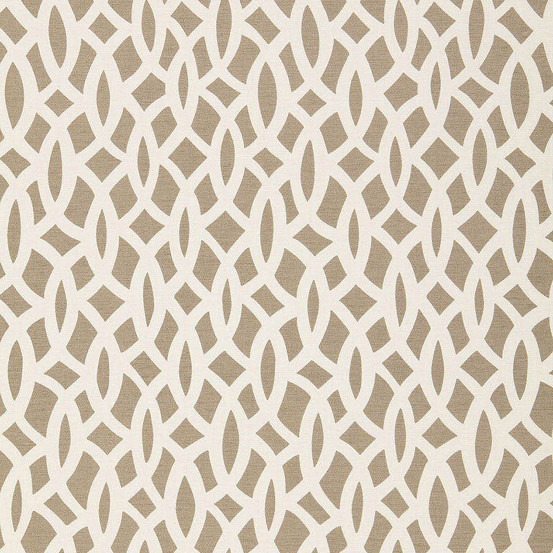 Beige background with cream-white interlocking loop-chain pattern; a repeating lattice for wallpaper or fabric.
