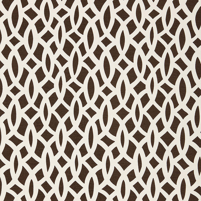 Cream interlocking loop pattern on brown background; geometric chain-link style, ideal for wallpaper or upholstery.