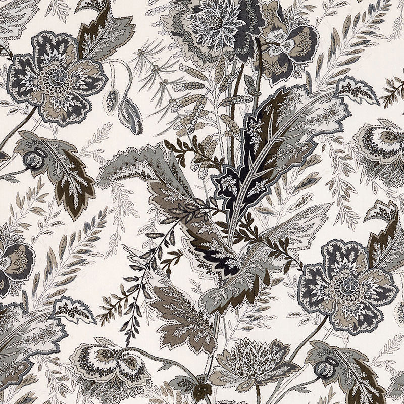Charcoal monochrome vine print with intertwining vines and leaves on a light background.