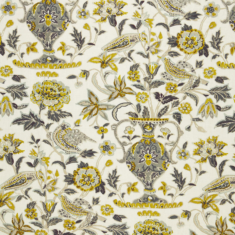 Ornate cream vase prints featuring yellow and gray floral motifs, vases and birds in a classic chinoiserie pattern.