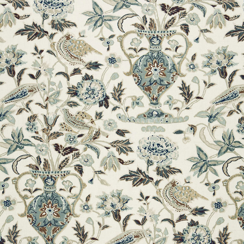 Floral damask vase print with blue-teal vases, birds and blossoms on ivory background.