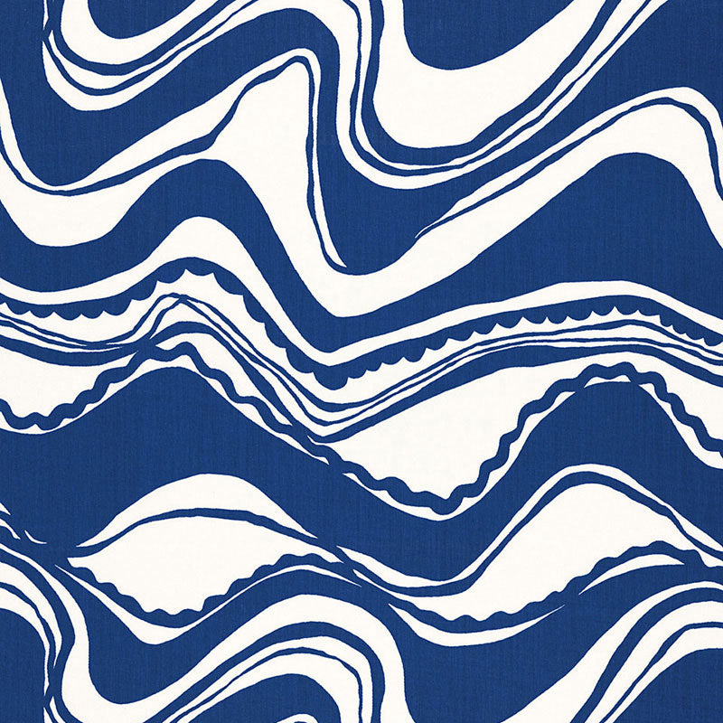 Blue and white abstract wave pattern on fabric; bold swirls for modern home decor.