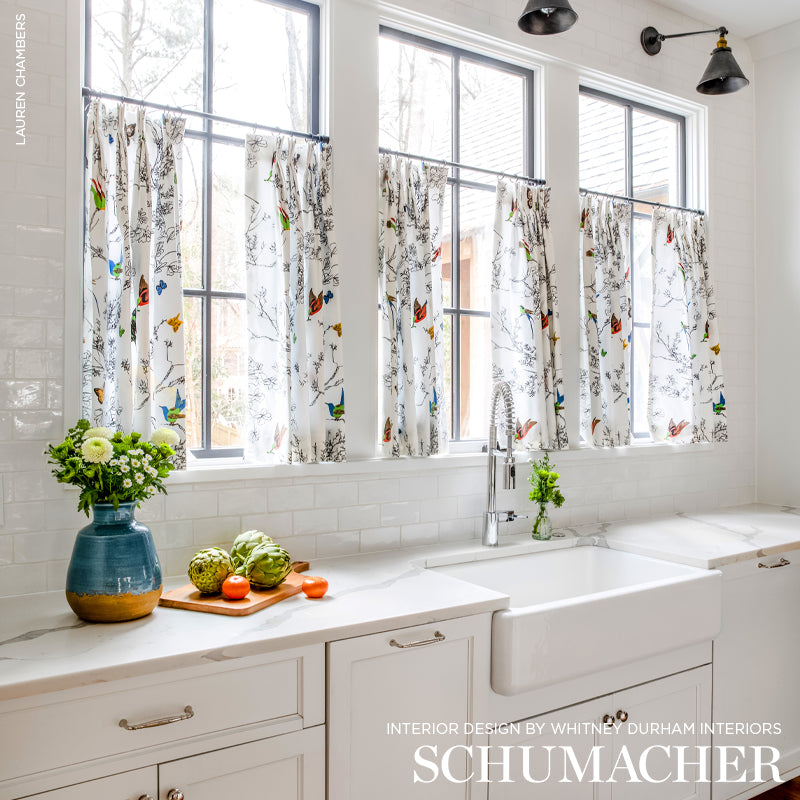 SCHUMACHER FABRIC EXUBERANT PRINTS BIRDS & BUTTERFLIES MULTI ON WHITE - 174760