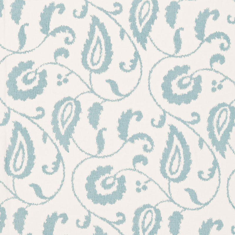 Light blue paisley pattern on ivory background; decorative textile with swirling teardrop motifs.