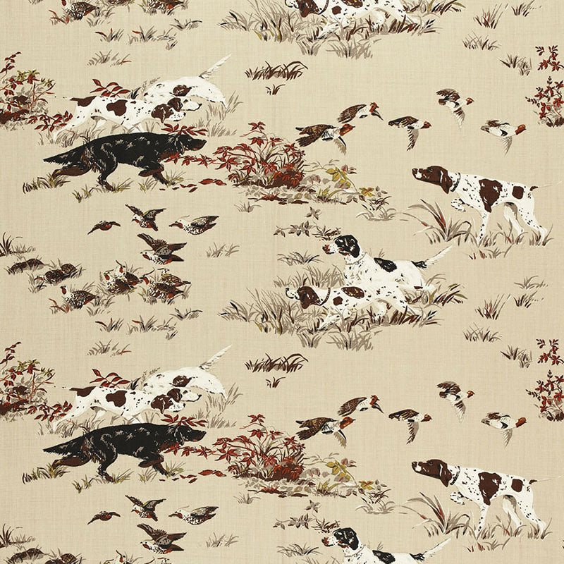 Beige linen-like fabric print with brown-white spaniels chasing birds through grasses and red foliage.