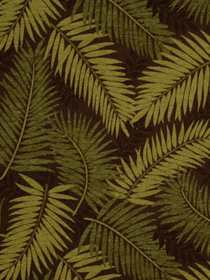 Olive green fern leaves on a cocoa-brown background; tropical botanical pattern for upholstery fabric.
