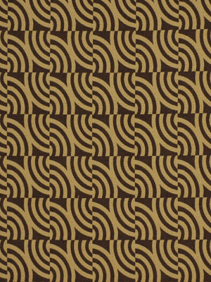 Brown & tan geometric fabric with interlocking curved arcs; retro upholstery print.