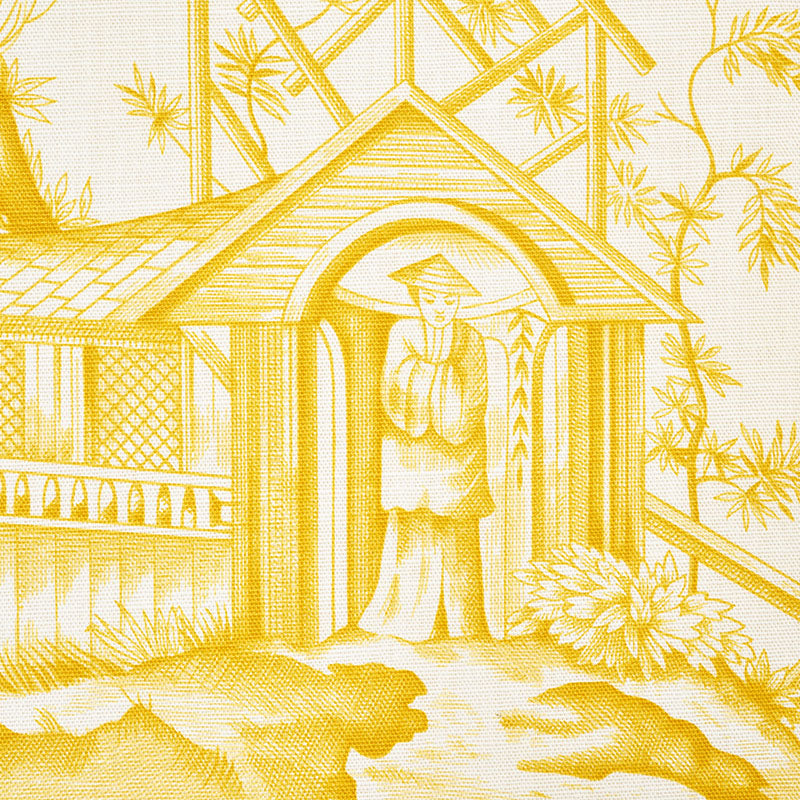 Yellow illustration of a shrine with arched doorway, robed figure at entrance, & tropical palm trees in a garden setting.