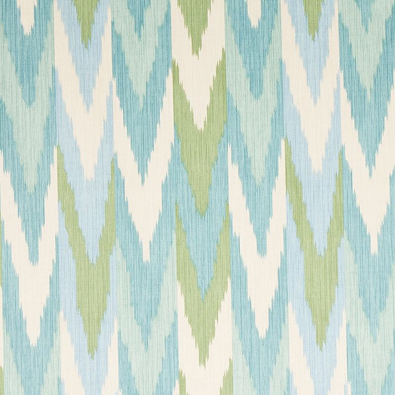 Velvet with chevron/ikat zigzags in light blue, aqua, and mint green on cream background.